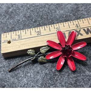 Vintage Coro Red Enamel Flower Brooch Deep Red Rhinestone Statement Piece 4 Inch